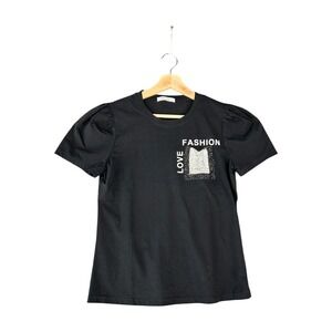 Love Fashion Black Puff‎ Sleeve Rhinestone Pocket T Shirt Women's Size L